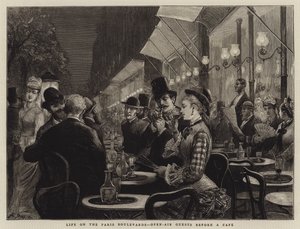 Vida nos Boulevards de Paris, convidados ao ar livre antes de um café